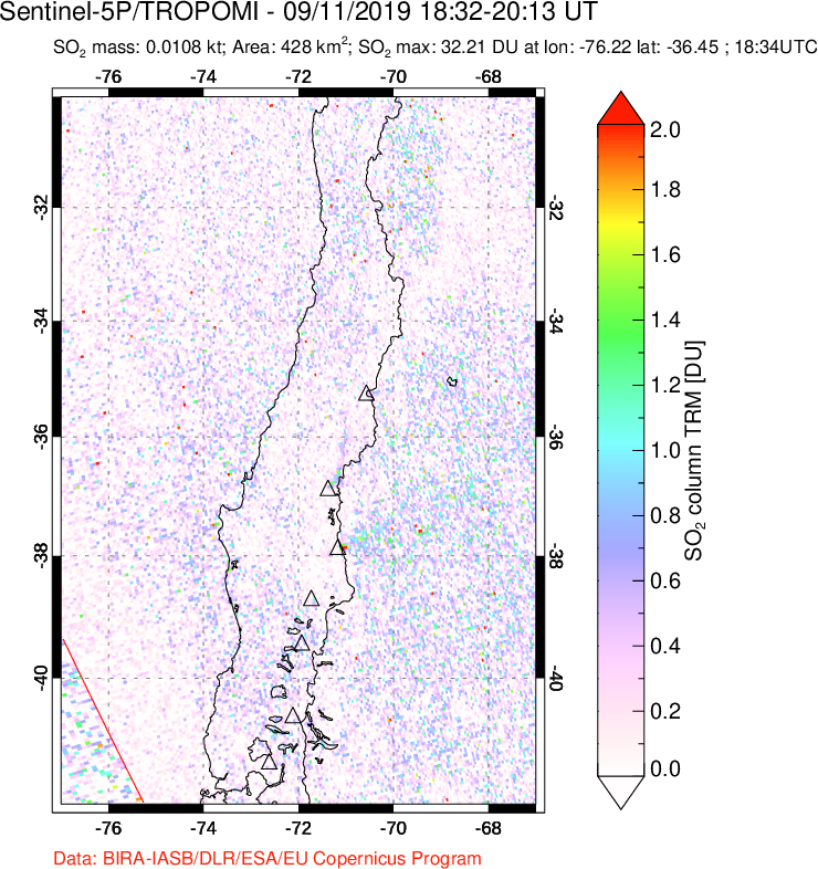A sulfur dioxide image over Central Chile on Sep 11, 2019.