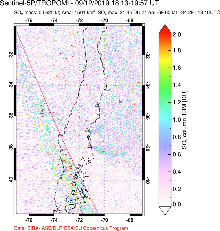 A sulfur dioxide image over Central Chile on Sep 12, 2019.