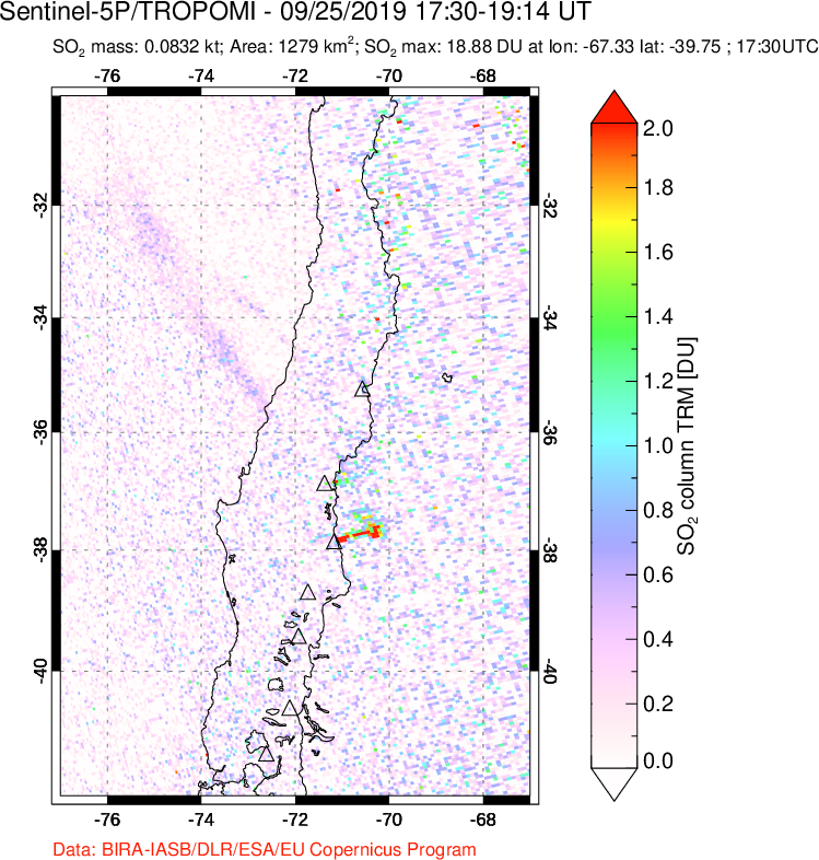 A sulfur dioxide image over Central Chile on Sep 25, 2019.