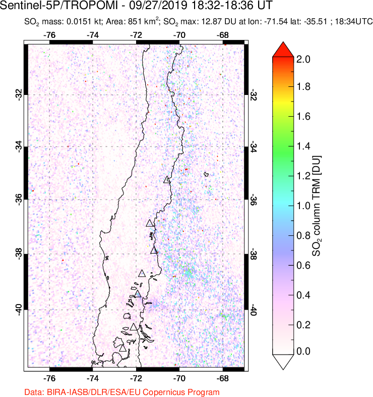 A sulfur dioxide image over Central Chile on Sep 27, 2019.