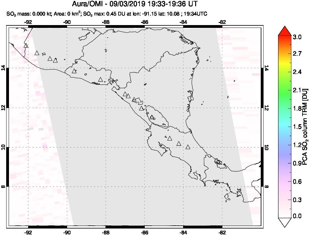 A sulfur dioxide image over Central America on Sep 03, 2019.