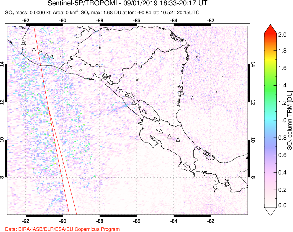 A sulfur dioxide image over Central America on Sep 01, 2019.
