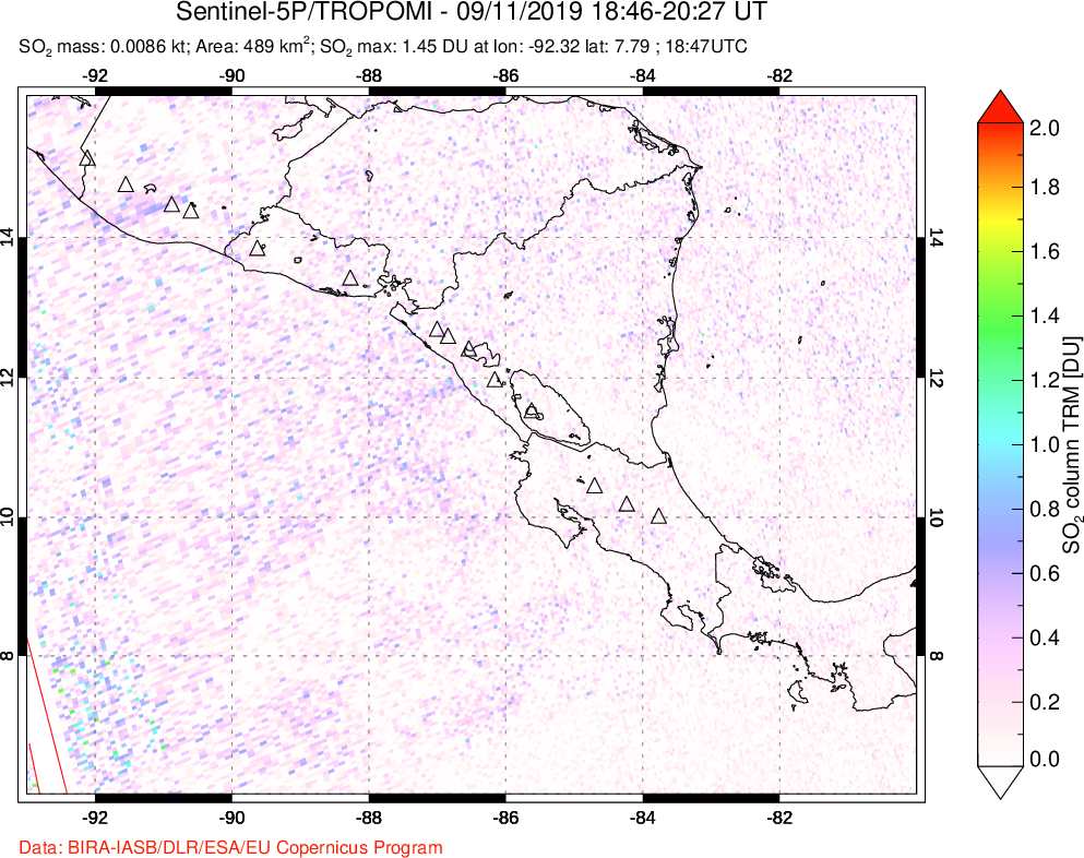 A sulfur dioxide image over Central America on Sep 11, 2019.