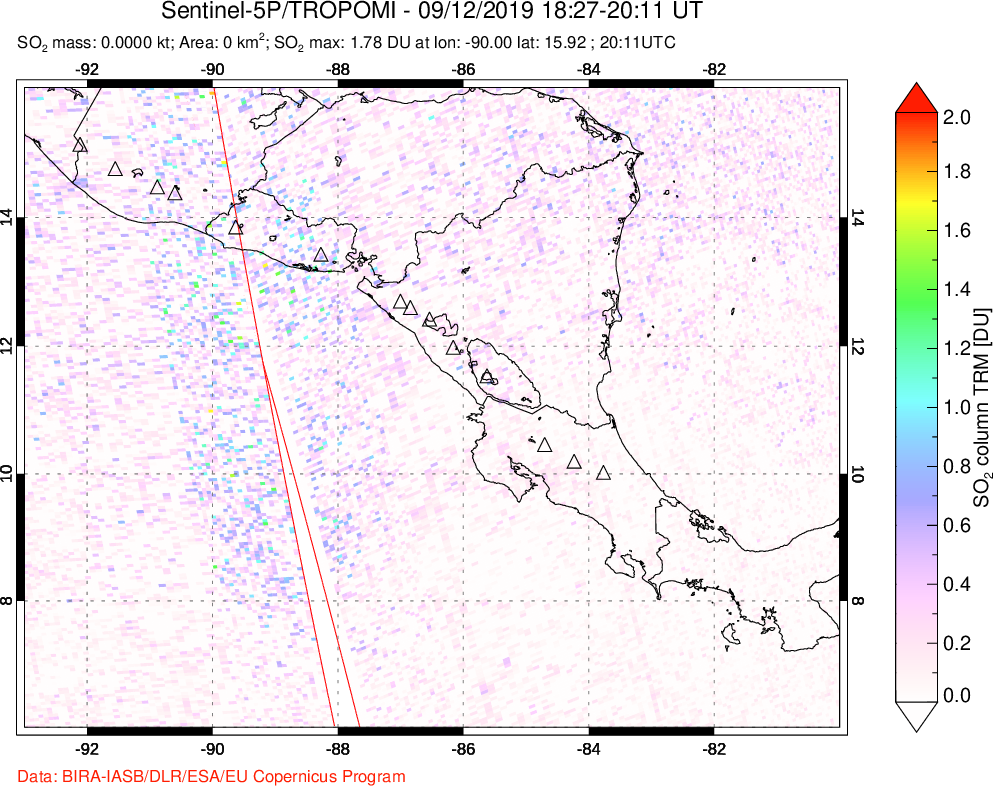 A sulfur dioxide image over Central America on Sep 12, 2019.