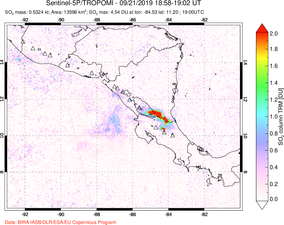 A sulfur dioxide image over Central America on Sep 21, 2019.
