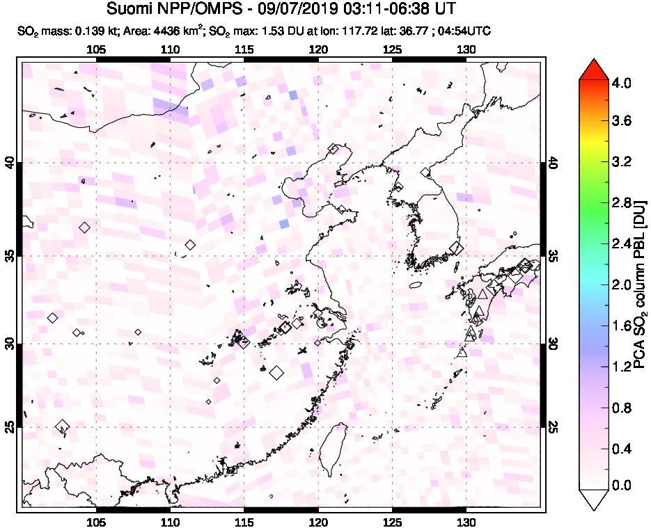 A sulfur dioxide image over Eastern China on Sep 07, 2019.