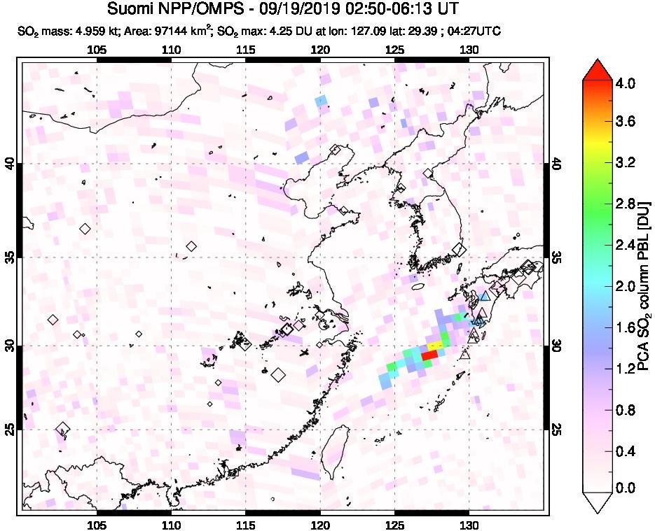 A sulfur dioxide image over Eastern China on Sep 19, 2019.
