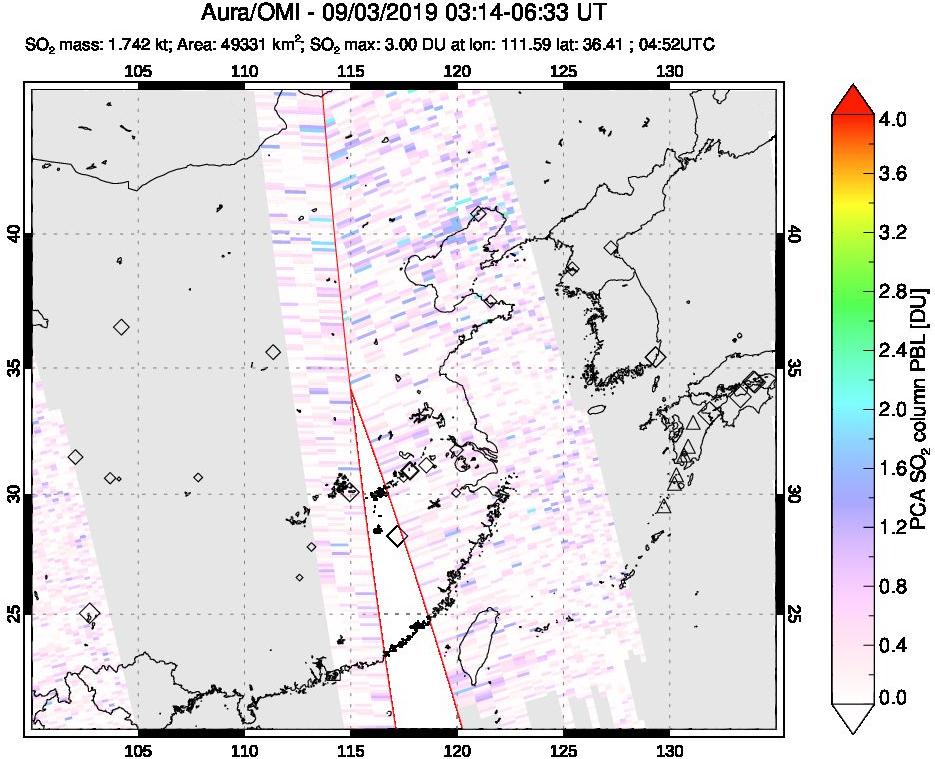 A sulfur dioxide image over Eastern China on Sep 03, 2019.