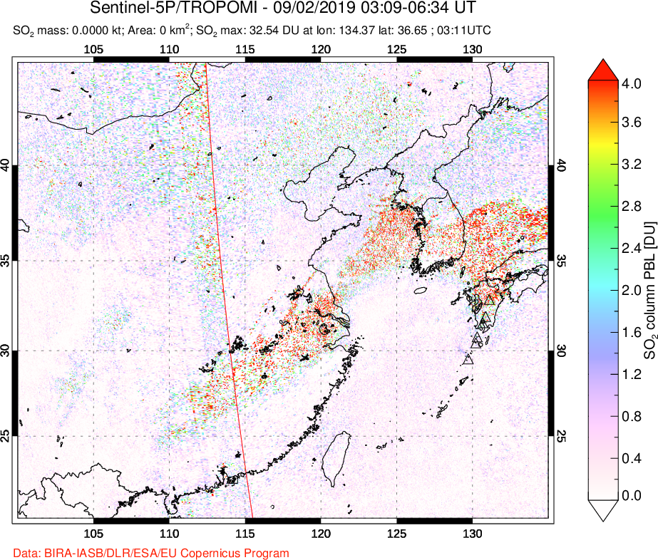 A sulfur dioxide image over Eastern China on Sep 02, 2019.