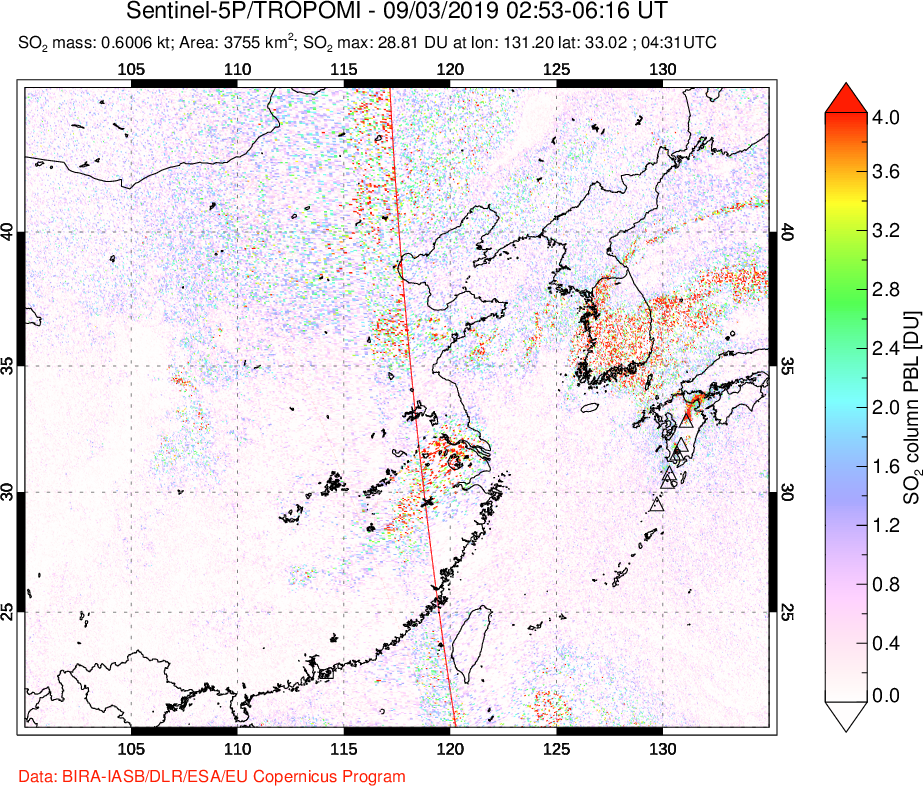 A sulfur dioxide image over Eastern China on Sep 03, 2019.