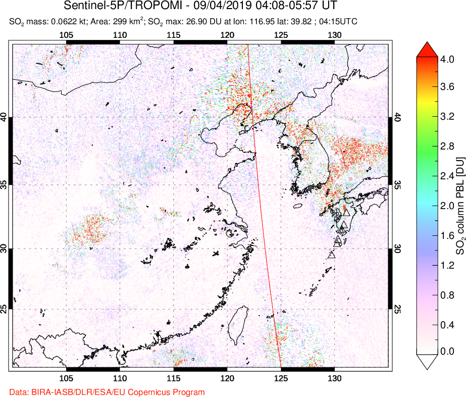 A sulfur dioxide image over Eastern China on Sep 04, 2019.