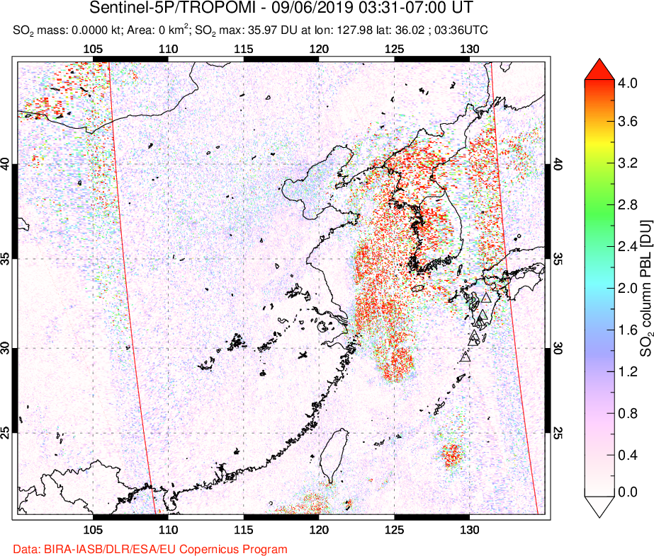 A sulfur dioxide image over Eastern China on Sep 06, 2019.