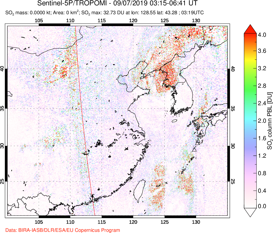 A sulfur dioxide image over Eastern China on Sep 07, 2019.
