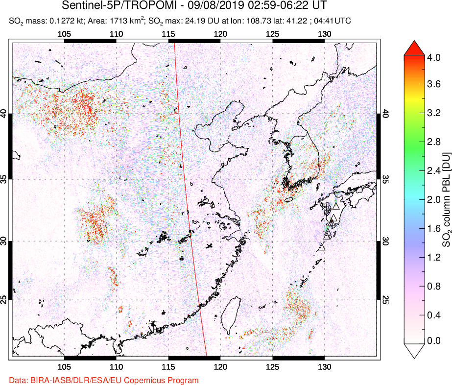 A sulfur dioxide image over Eastern China on Sep 08, 2019.