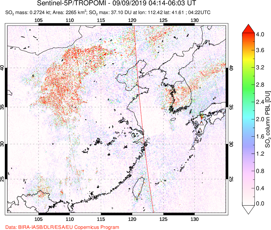 A sulfur dioxide image over Eastern China on Sep 09, 2019.