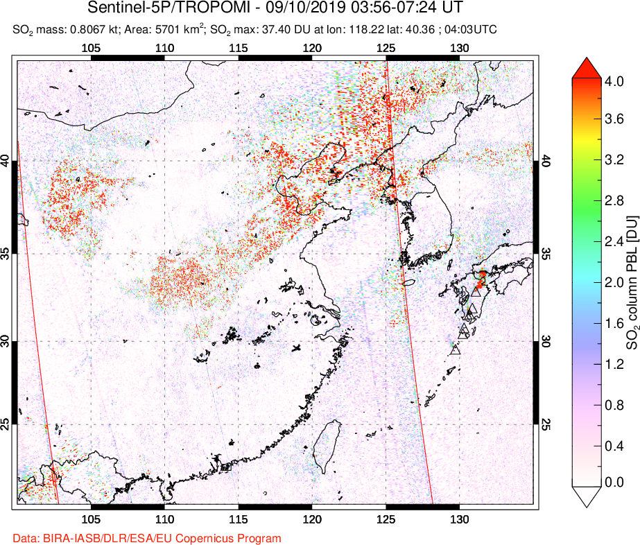 A sulfur dioxide image over Eastern China on Sep 10, 2019.