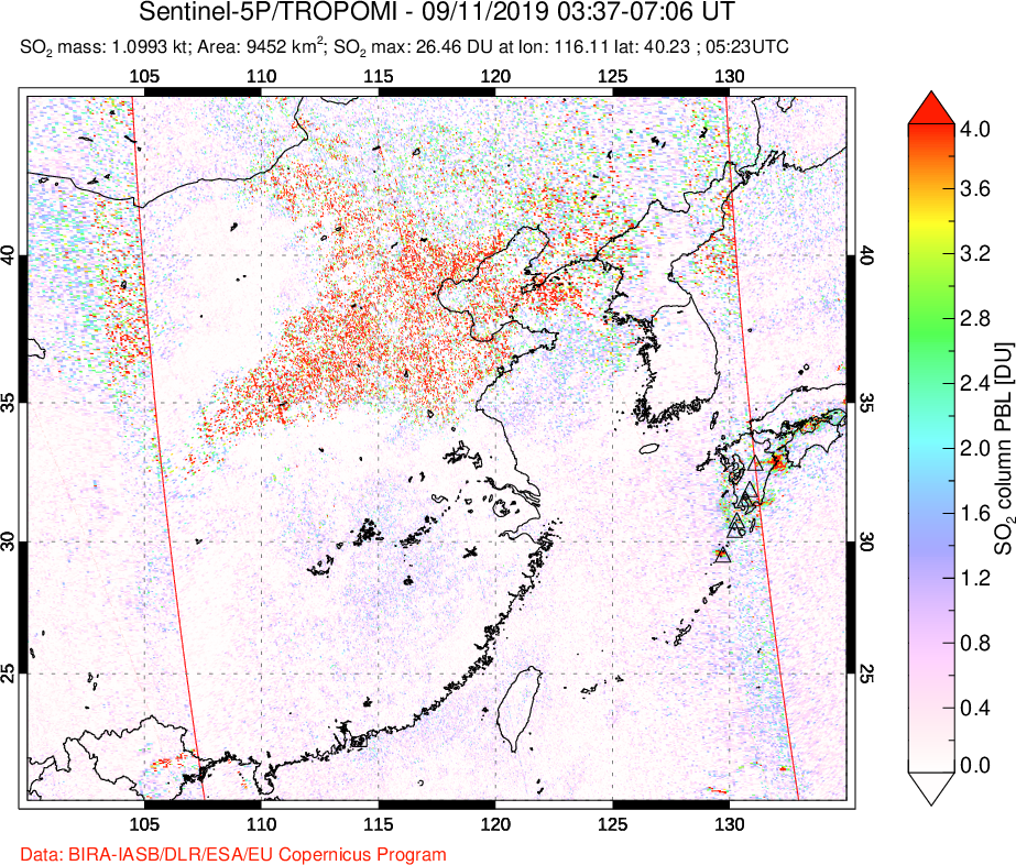 A sulfur dioxide image over Eastern China on Sep 11, 2019.