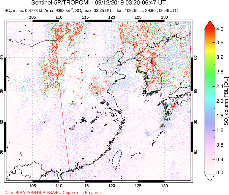 A sulfur dioxide image over Eastern China on Sep 12, 2019.