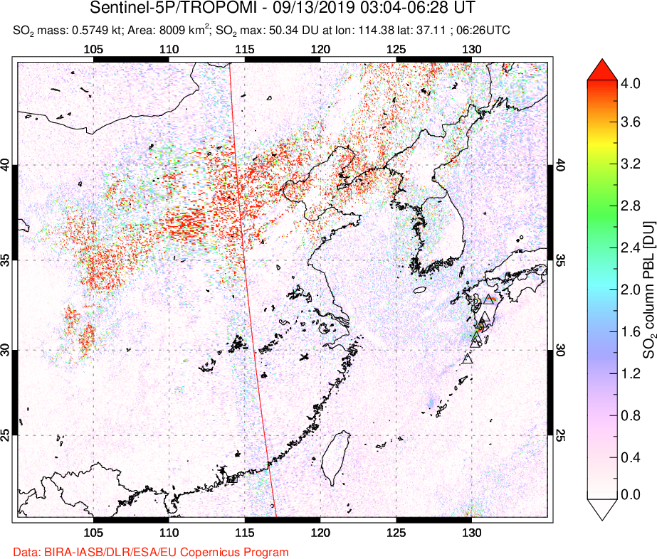 A sulfur dioxide image over Eastern China on Sep 13, 2019.