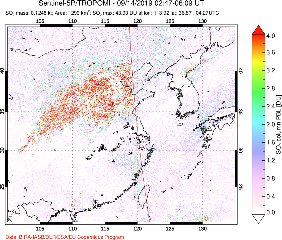 A sulfur dioxide image over Eastern China on Sep 14, 2019.