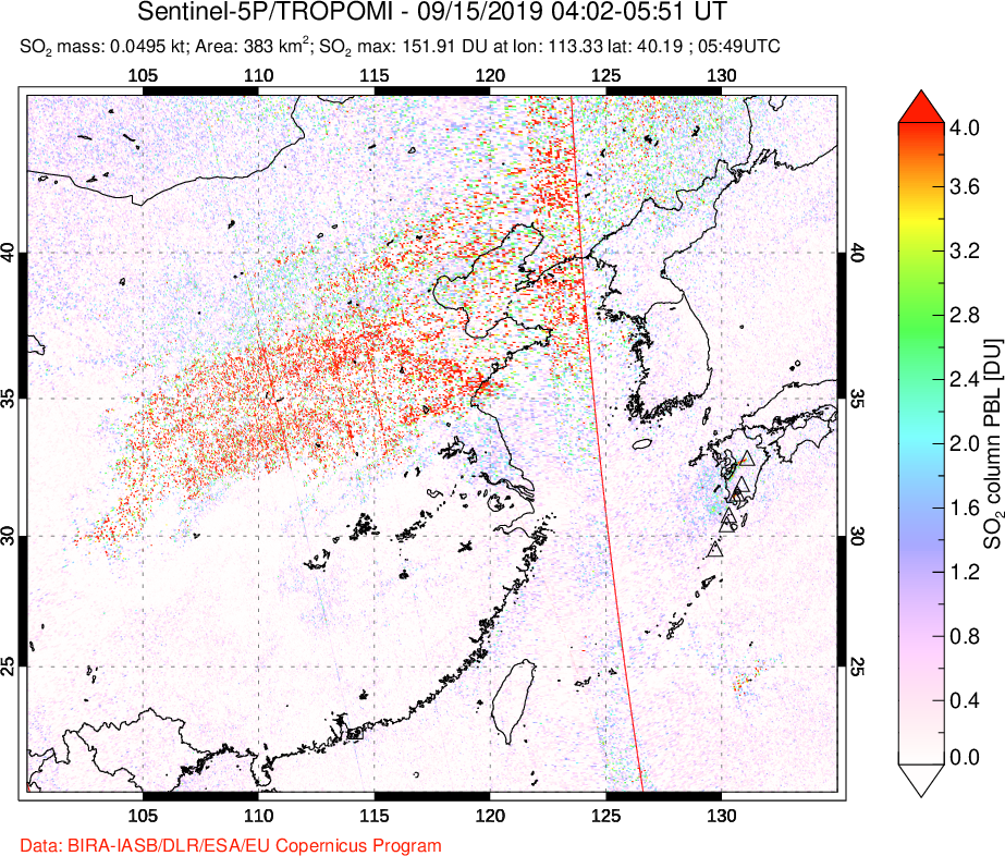A sulfur dioxide image over Eastern China on Sep 15, 2019.