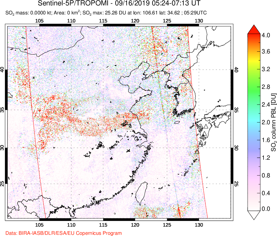 A sulfur dioxide image over Eastern China on Sep 16, 2019.