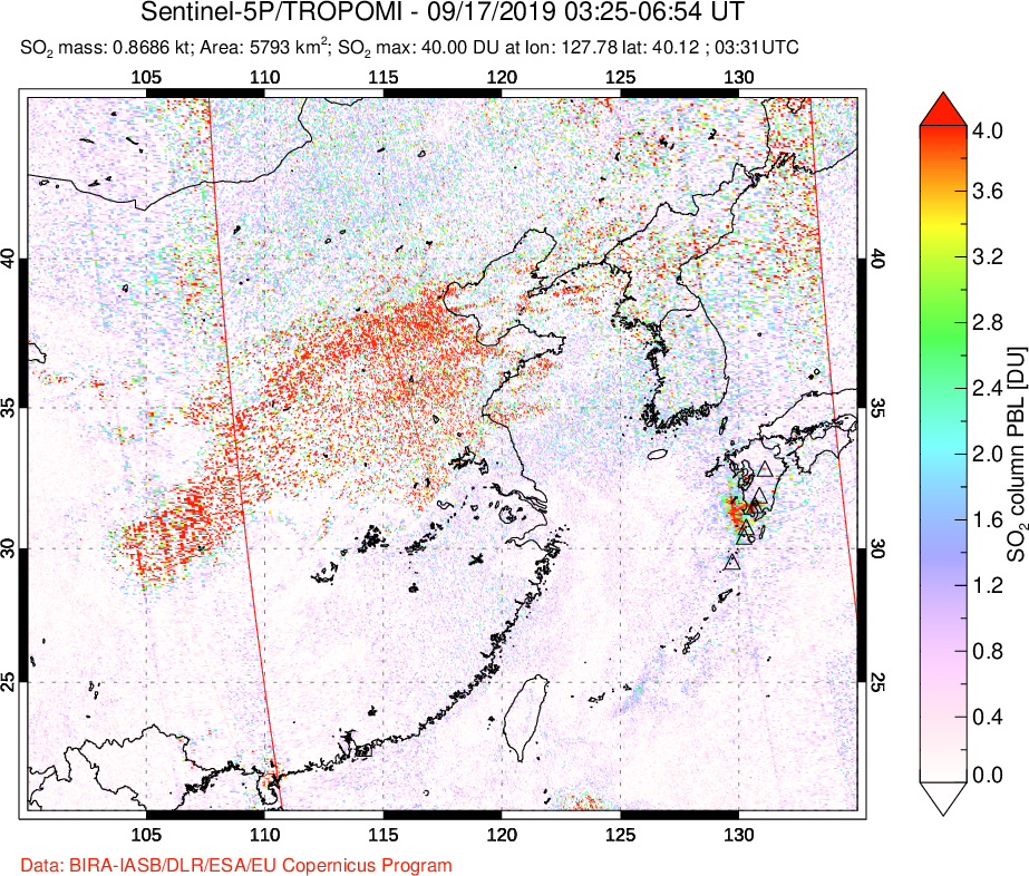 A sulfur dioxide image over Eastern China on Sep 17, 2019.