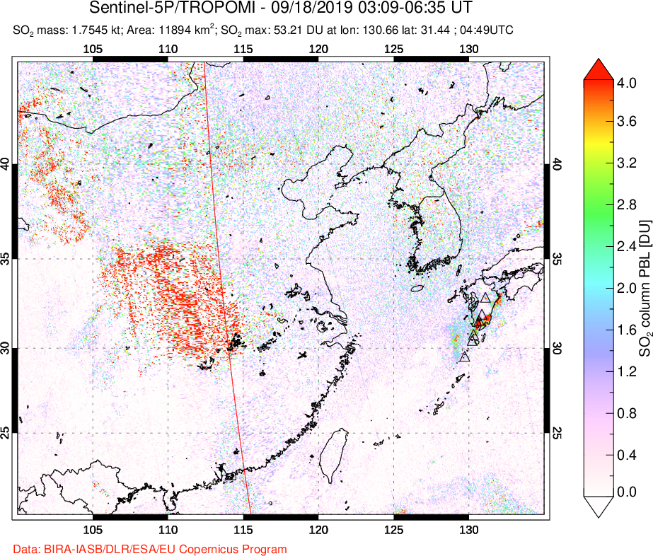 A sulfur dioxide image over Eastern China on Sep 18, 2019.