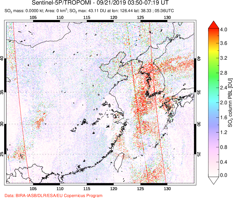 A sulfur dioxide image over Eastern China on Sep 21, 2019.
