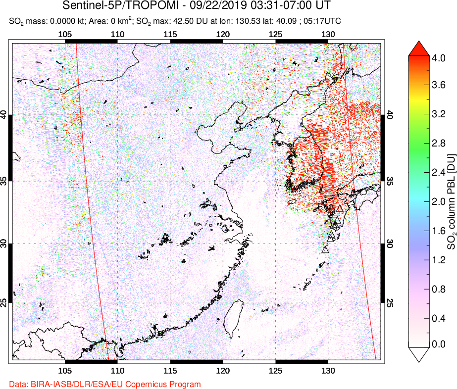 A sulfur dioxide image over Eastern China on Sep 22, 2019.