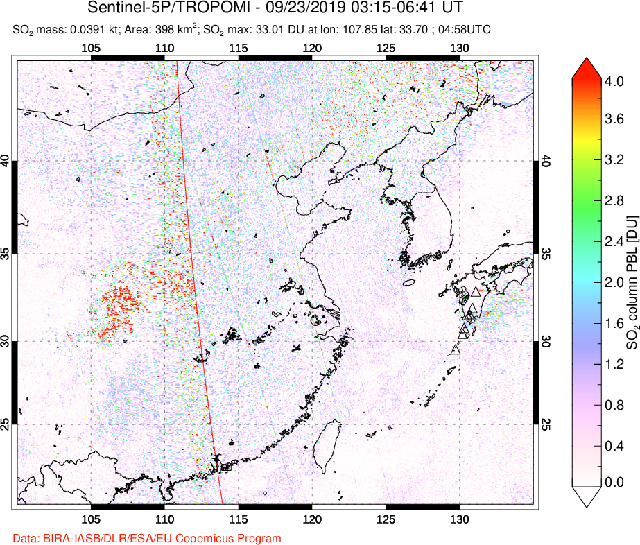 A sulfur dioxide image over Eastern China on Sep 23, 2019.