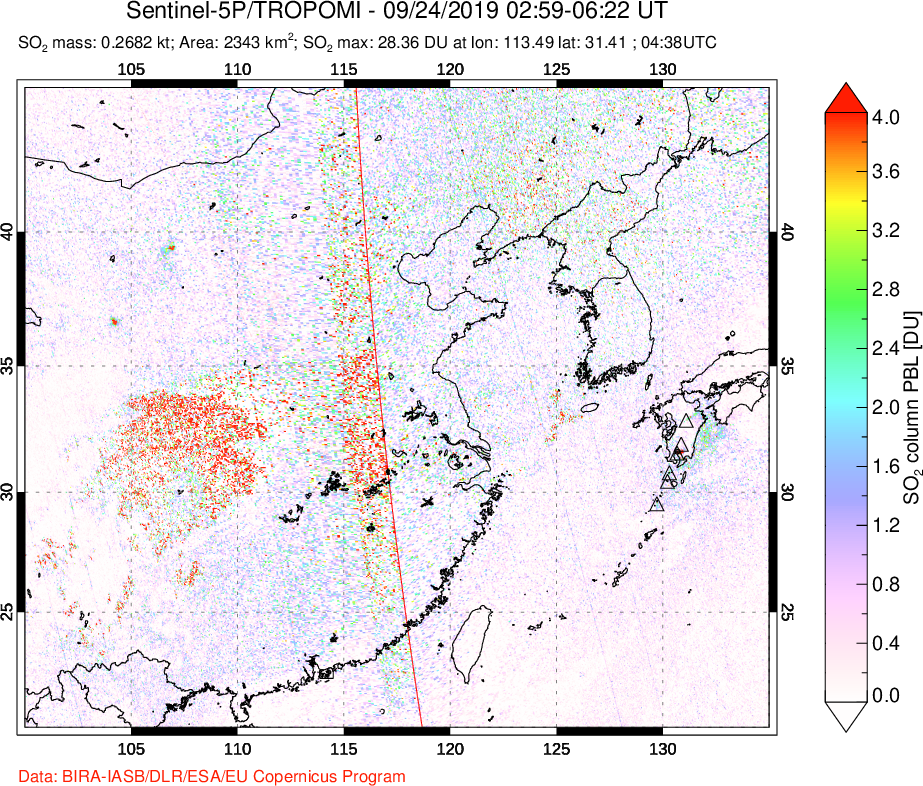 A sulfur dioxide image over Eastern China on Sep 24, 2019.