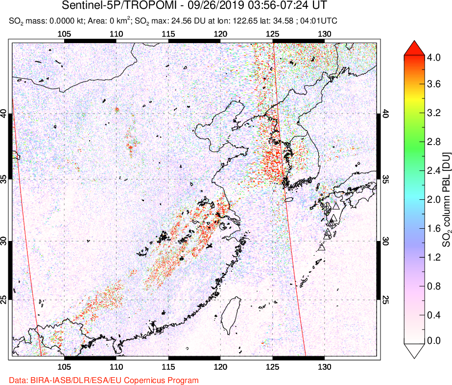 A sulfur dioxide image over Eastern China on Sep 26, 2019.