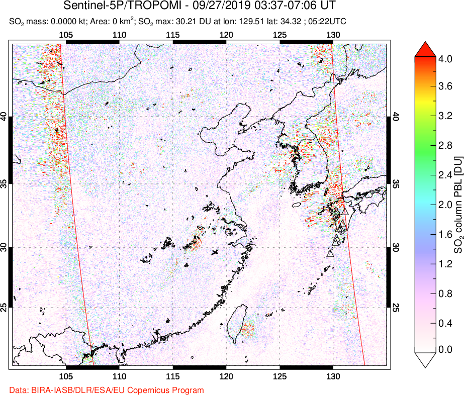 A sulfur dioxide image over Eastern China on Sep 27, 2019.