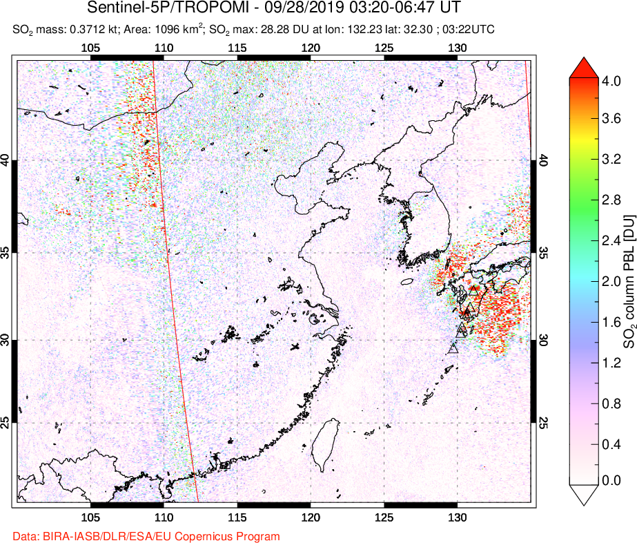 A sulfur dioxide image over Eastern China on Sep 28, 2019.