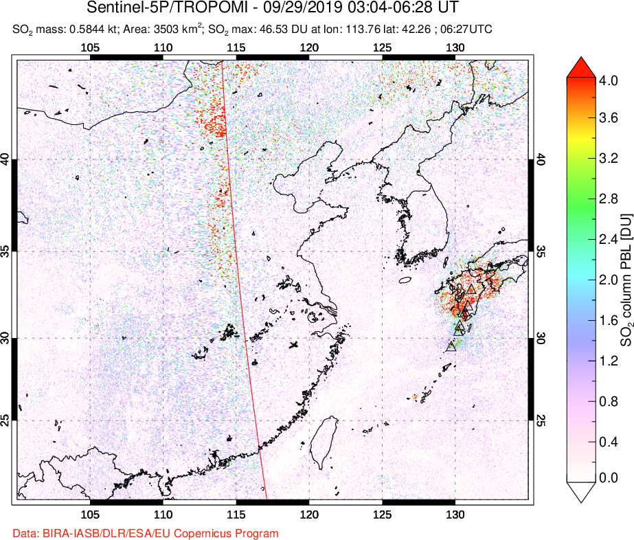 A sulfur dioxide image over Eastern China on Sep 29, 2019.