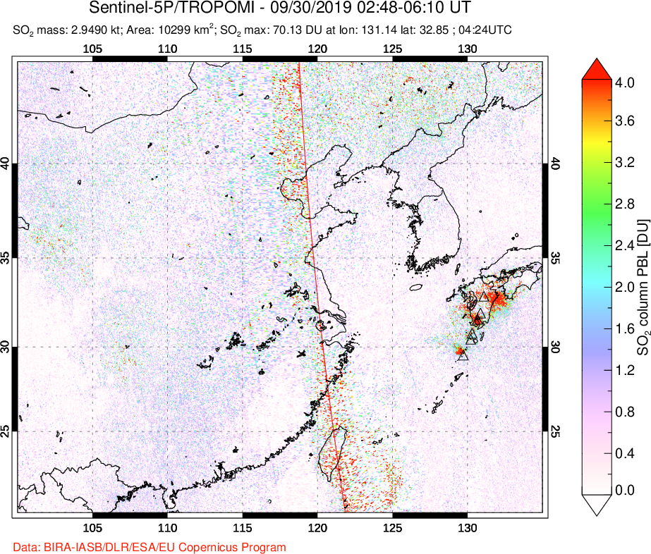 A sulfur dioxide image over Eastern China on Sep 30, 2019.
