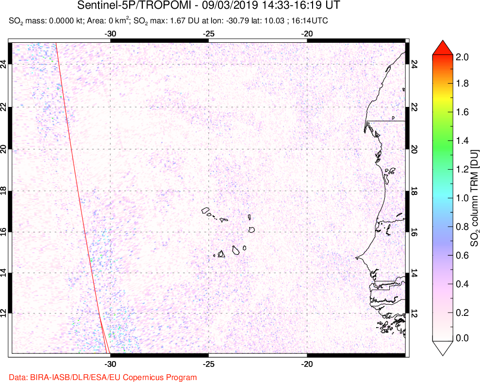 A sulfur dioxide image over Cape Verde Islands on Sep 03, 2019.