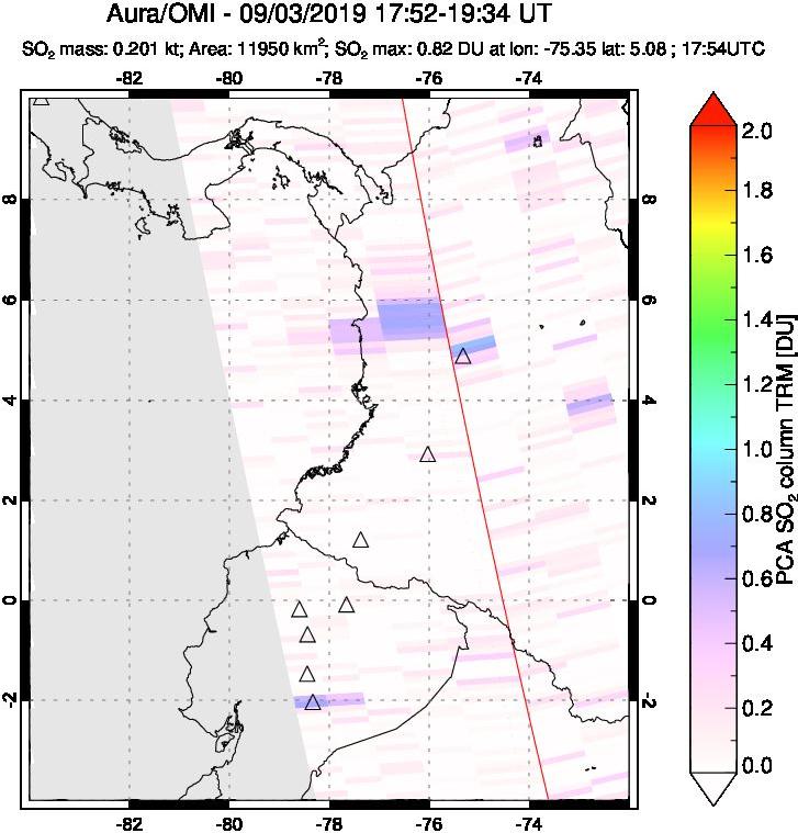 A sulfur dioxide image over Ecuador on Sep 03, 2019.