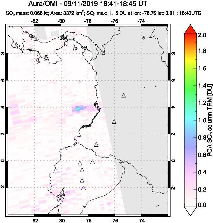 A sulfur dioxide image over Ecuador on Sep 11, 2019.