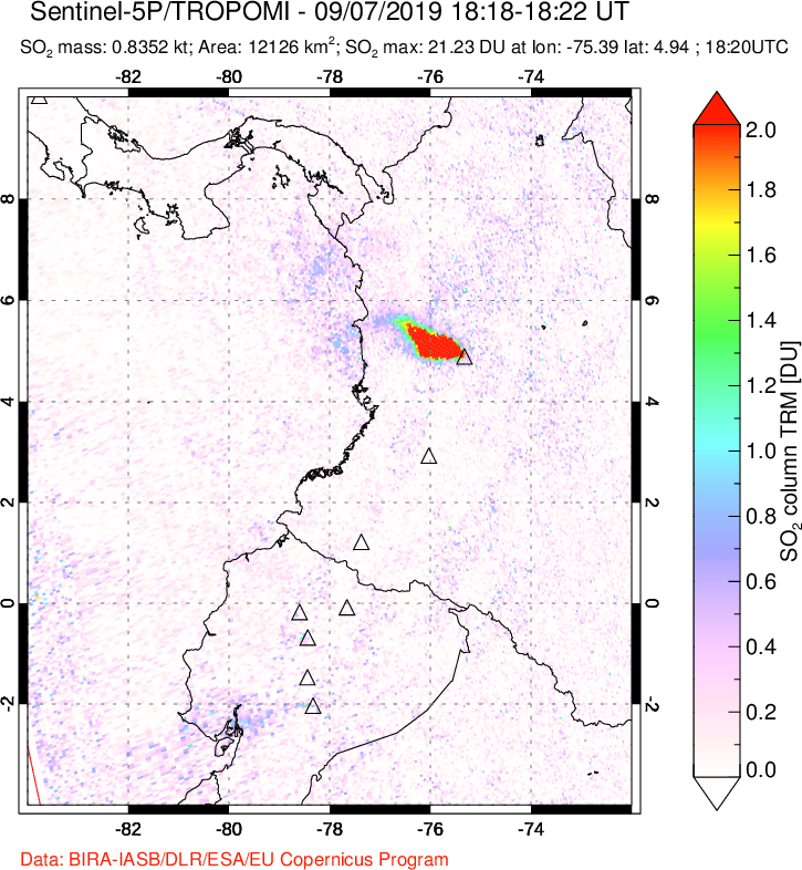 A sulfur dioxide image over Ecuador on Sep 07, 2019.