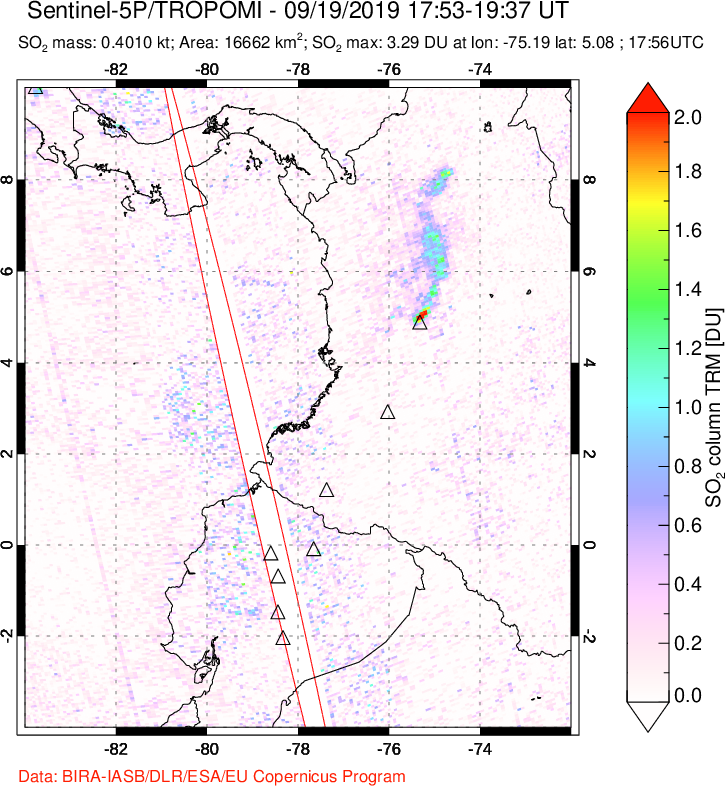 A sulfur dioxide image over Ecuador on Sep 19, 2019.