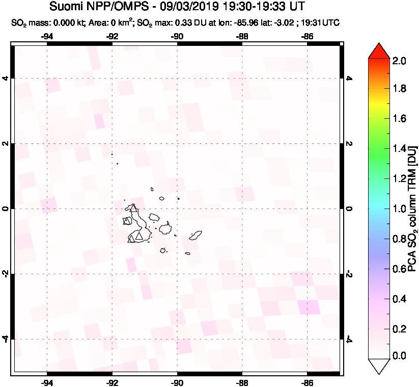 A sulfur dioxide image over Galápagos Islands on Sep 03, 2019.