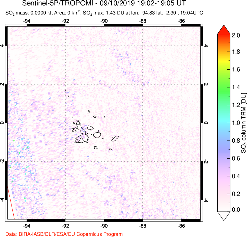 A sulfur dioxide image over Galápagos Islands on Sep 10, 2019.