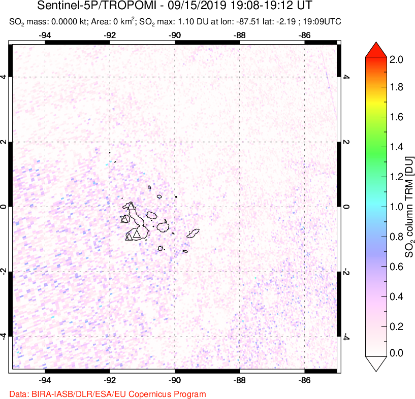 A sulfur dioxide image over Galápagos Islands on Sep 15, 2019.
