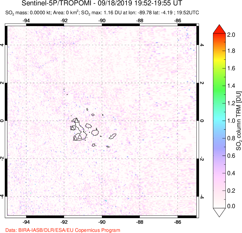 A sulfur dioxide image over Galápagos Islands on Sep 18, 2019.