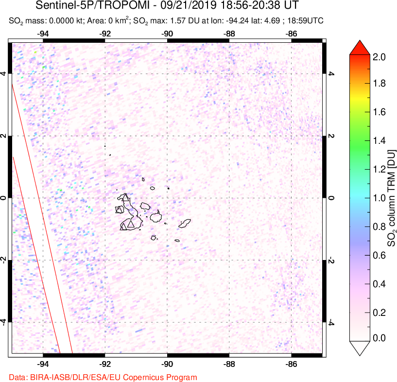 A sulfur dioxide image over Galápagos Islands on Sep 21, 2019.