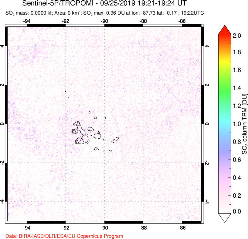 A sulfur dioxide image over Galápagos Islands on Sep 25, 2019.