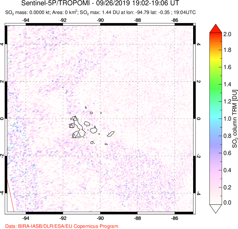 A sulfur dioxide image over Galápagos Islands on Sep 26, 2019.