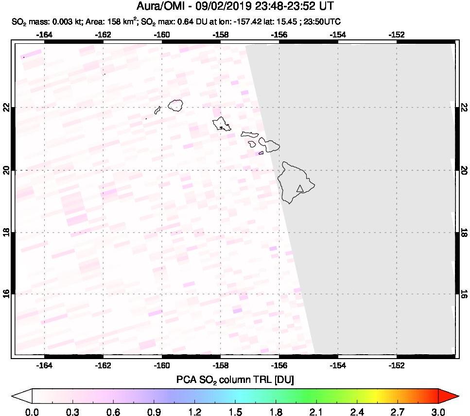 A sulfur dioxide image over Hawaii, USA on Sep 02, 2019.